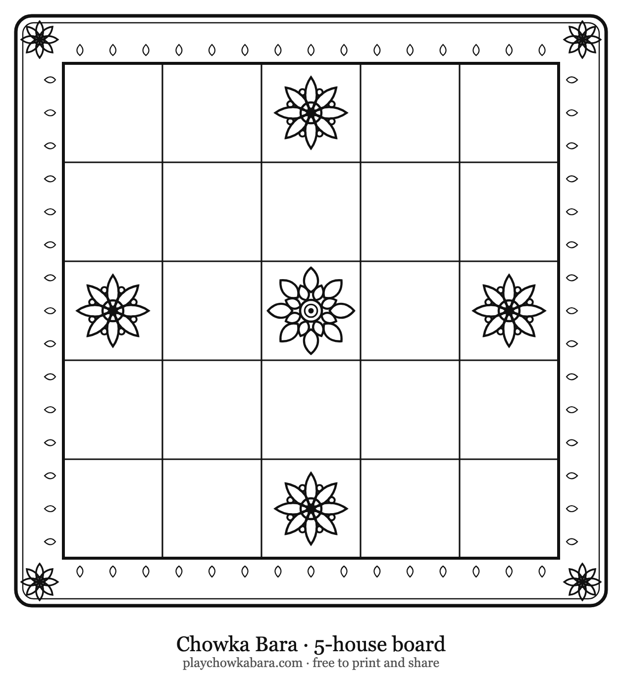 Printable Chowka Bara board, five squares by five, drawn in black and white line art with kolam flower motifs marking the four safe houses, a lotus rangoli at the centre square, and a petal-scalloped decorative border.