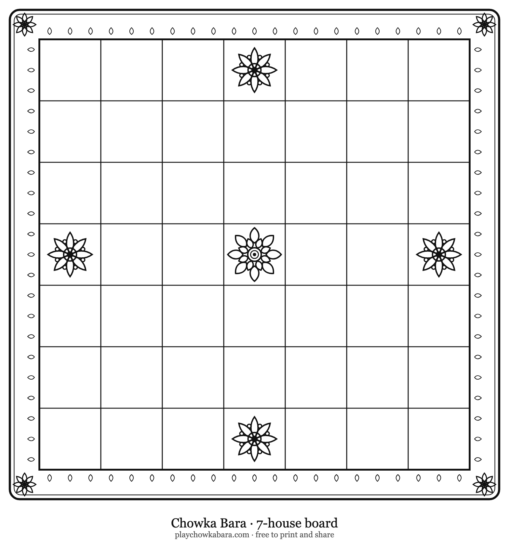 Printable Chowka Bara board, seven squares by seven, drawn in black and white line art with kolam flower motifs on the safe houses and a lotus rangoli at the centre, the larger board used for Ashta Chamma.